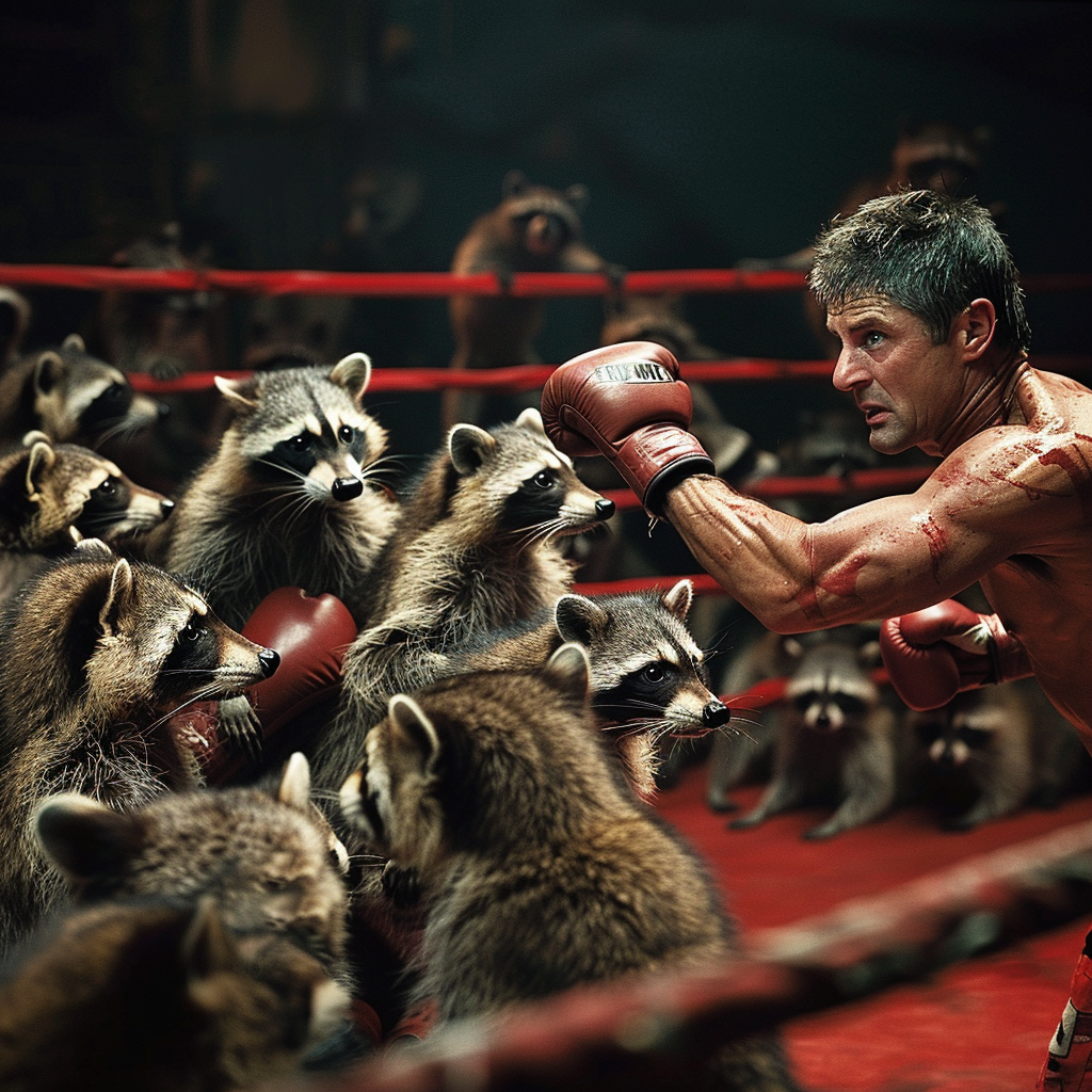 Prompt: Ray Romano fighting a group of 10 raccoons in a boxing ring