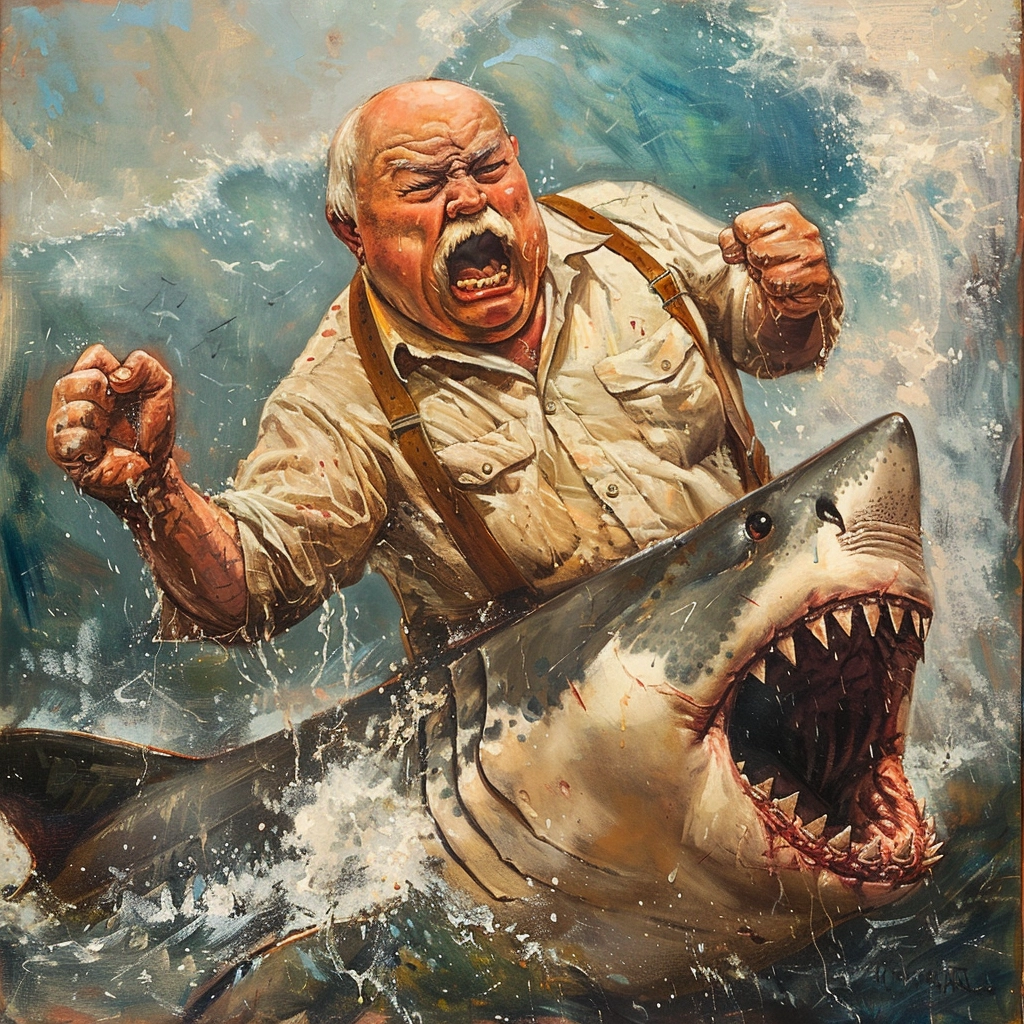 Prompt: Wilford Brimley punching a shark in the mouth