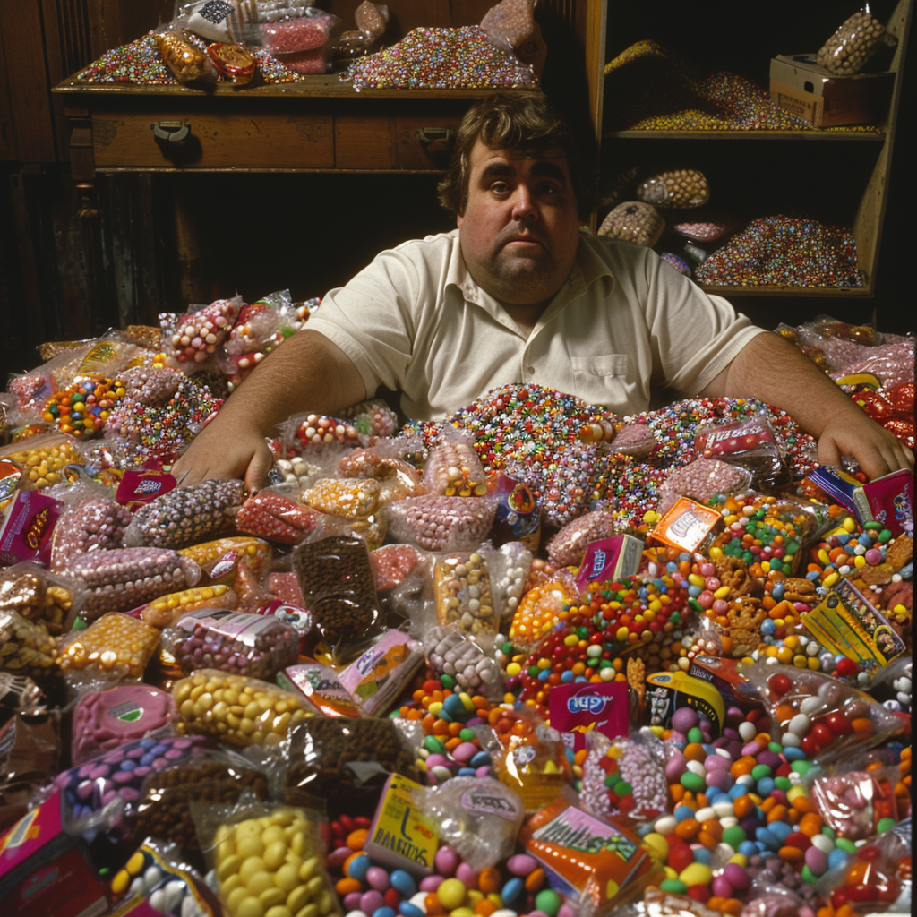 Prompt: John Candy surrounded by piles of candy