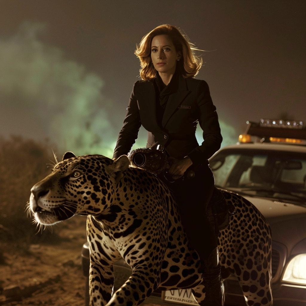 Prompt: Dana Scully riding a jaguar