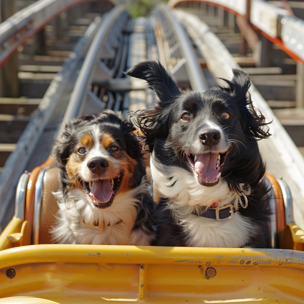 Prompt: Two dogs having the time of their lives riding a rollercoaster