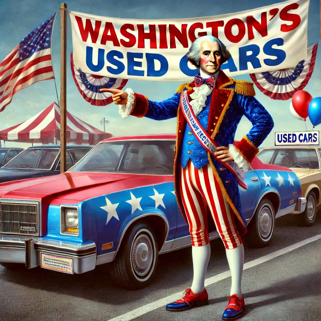 Prompt: George Washington in a red, white and blue suit, selling you a used car