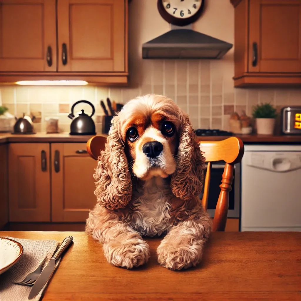 Prompt: A cocker spaniel sitting at the kitchen table, looking disappointed at you for arriving after curfew