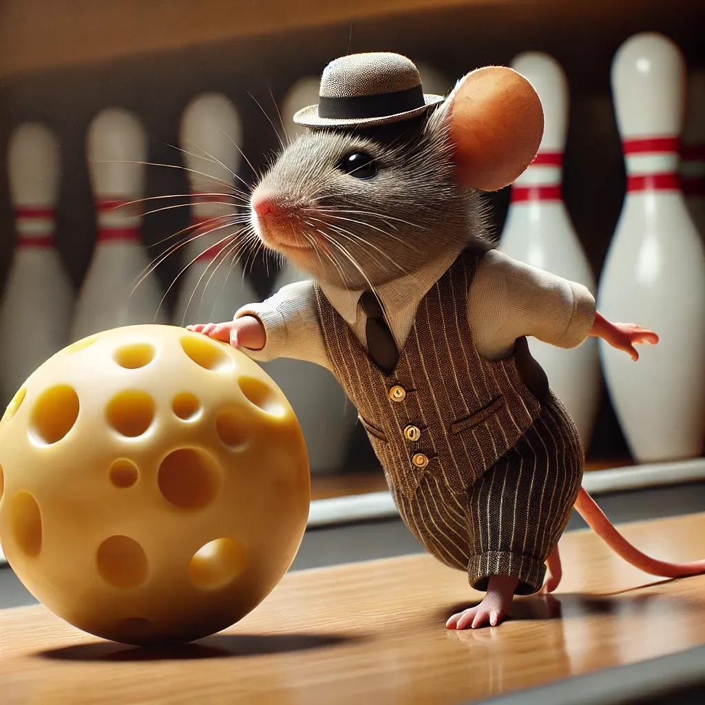 Prompt: A very focused mouse in a bowler's outfit, bowling with a ball made of swiss cheese, photorealistic