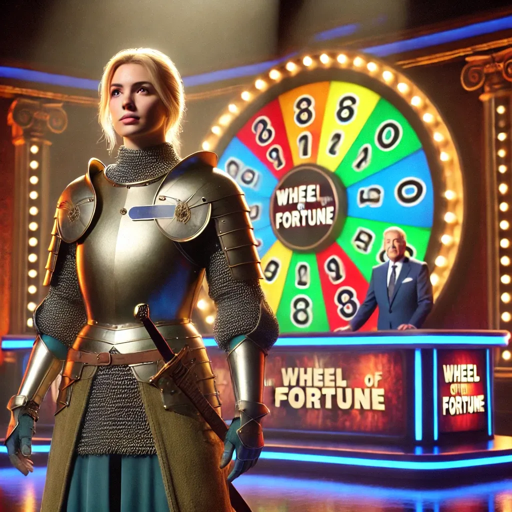 Prompt: Joan of Arc as a Wheel of Fortune contestant, photorealistic