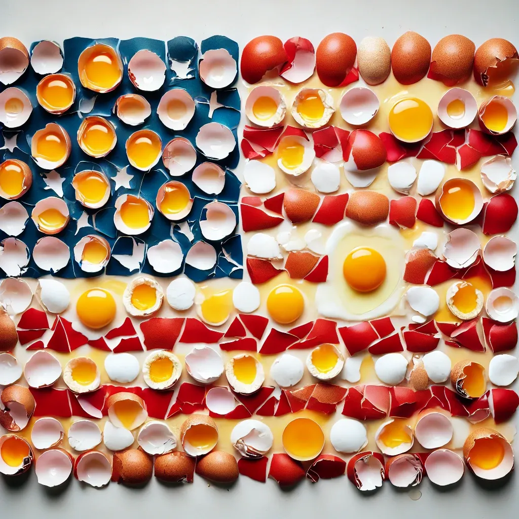 Prompt: The American flag created entirely from broken eggs, with red, white, and blue yolks strategically placed