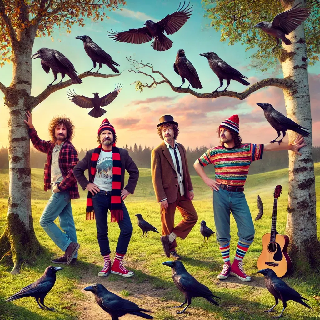 Prompt: An image of the band Counting Crows counting actual crows