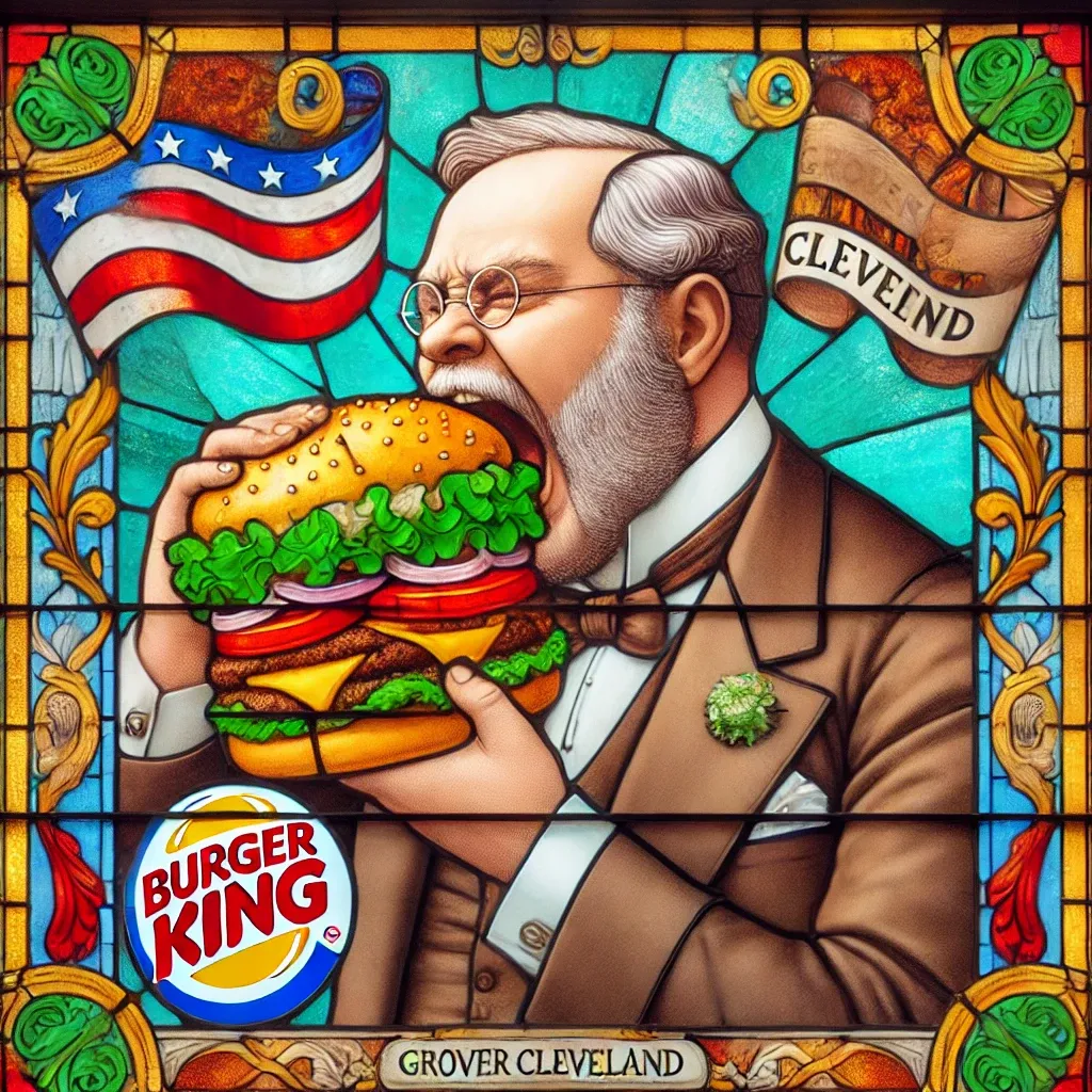 Prompt: Grover Cleveland devouring a Burger King Whopper