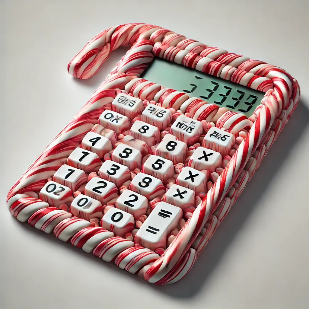 Prompt: A calculator crafted entirely out of candy cane pieces