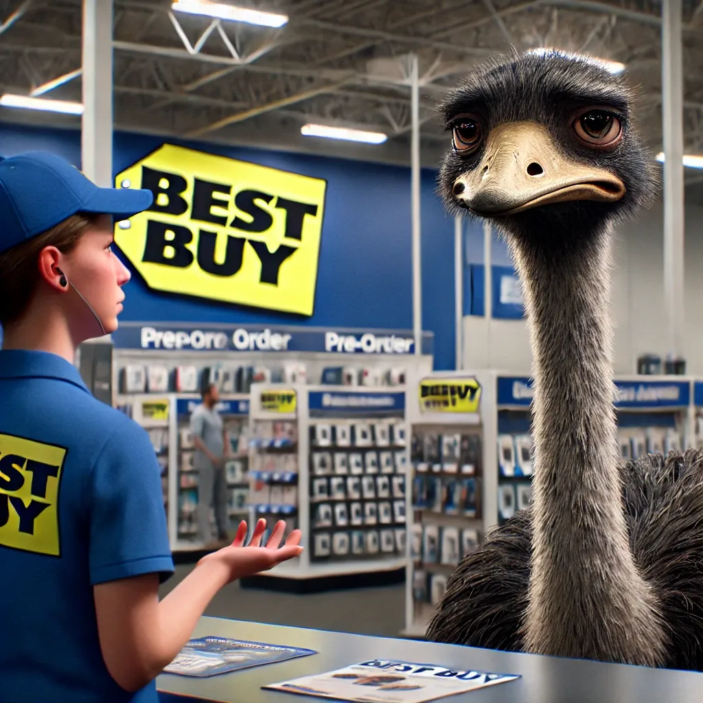 Prompt: A disappointed ostrich being informed by a Best Buy employee that its pre-order wasn’t placed