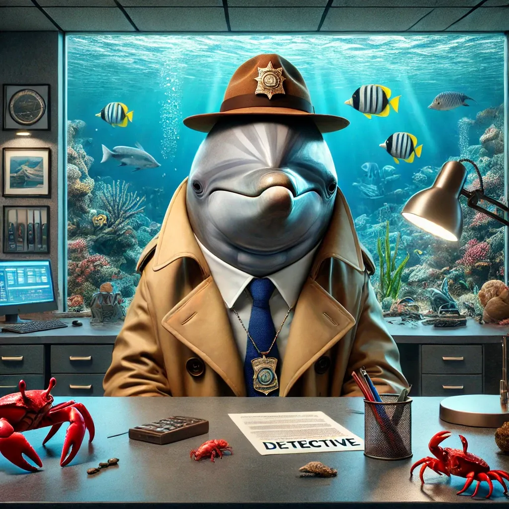 Prompt: A dolphin being promoted to detective, photorealistic