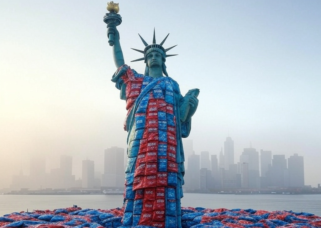 Prompt: The Statue of Liberty made entirely out of Cool Ranch Doritos bags