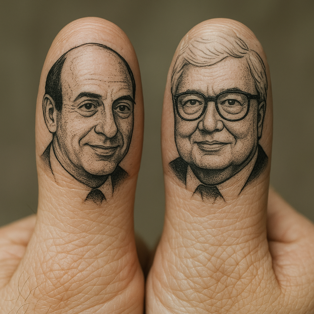 Prompt: A close-up image of two human thumbs with tattoos on them that look like Siskel on one thumb and Ebert on the other