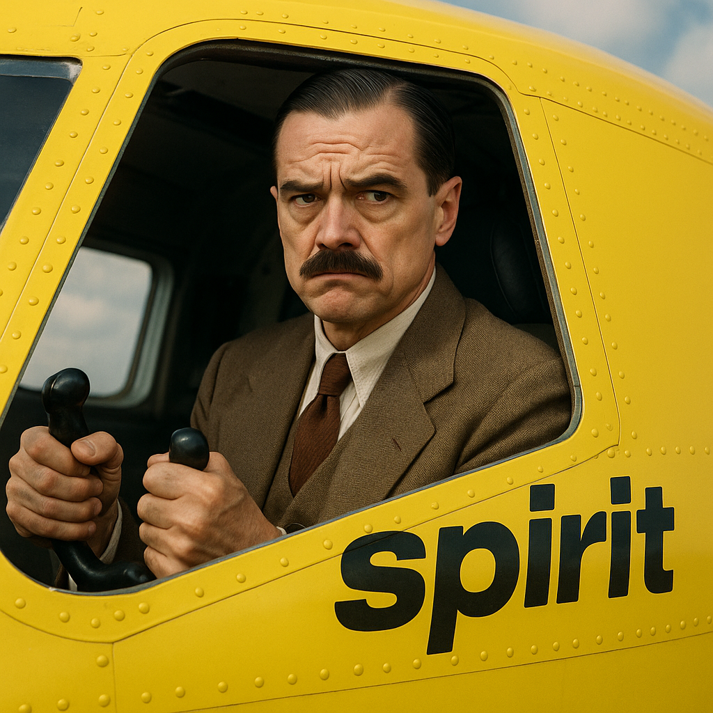 Prompt: Howard Hughes reluctantly flying for Spirit airlines