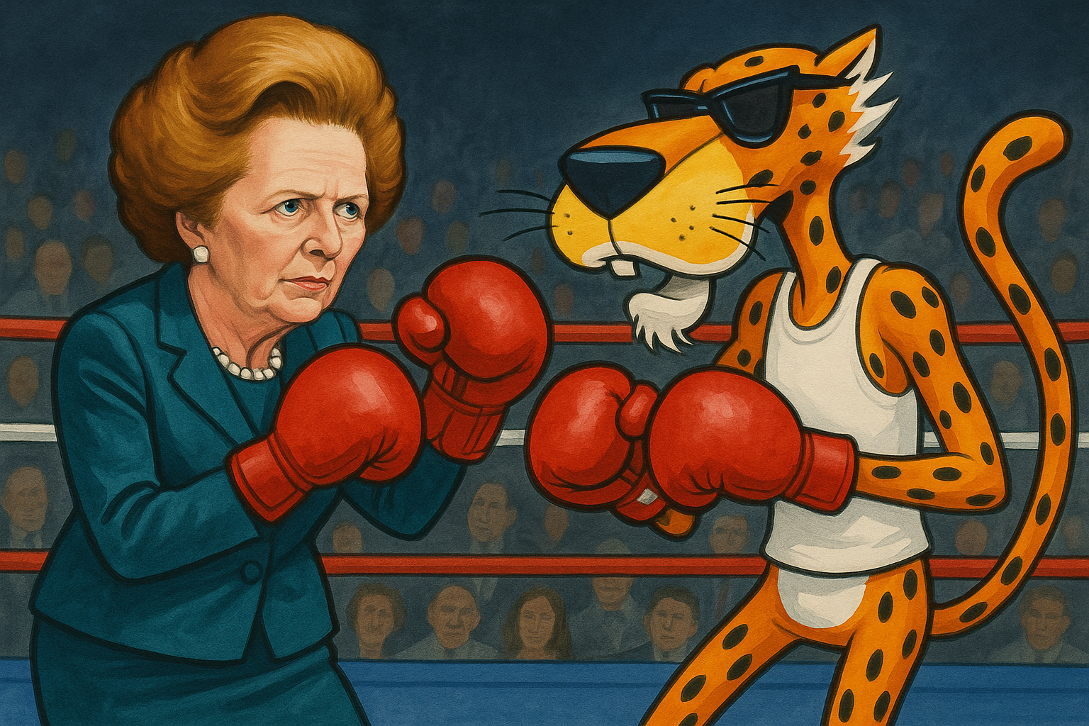 Prompt: Margaret Thatcher boxing Chester Cheetah