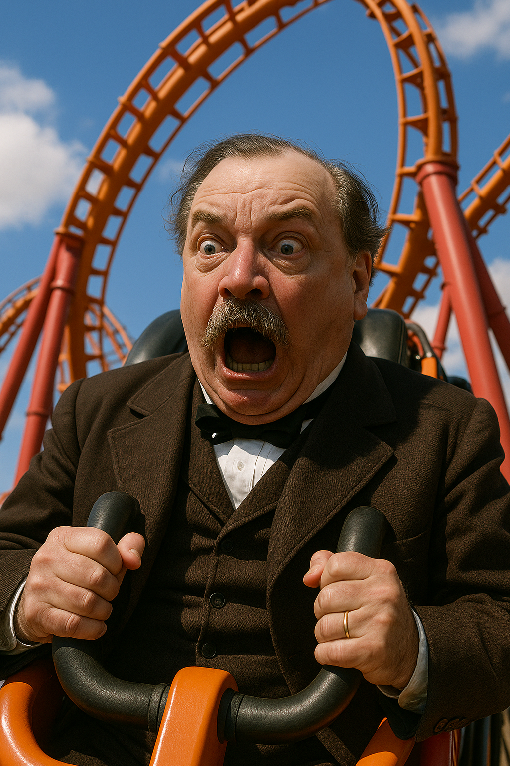 Prompt: Grover Cleveland freaking out on an extreme roller coaster