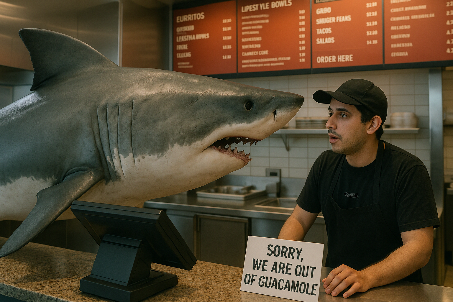 Prompt: A photorealistic image of a great white shark asking to talk to a Chipotle manager since the store ran out of guacamole
