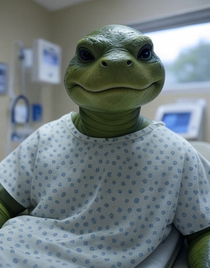 Prompt: A photorealistic image of Donatello the ninja turtle getting a colonoscopy