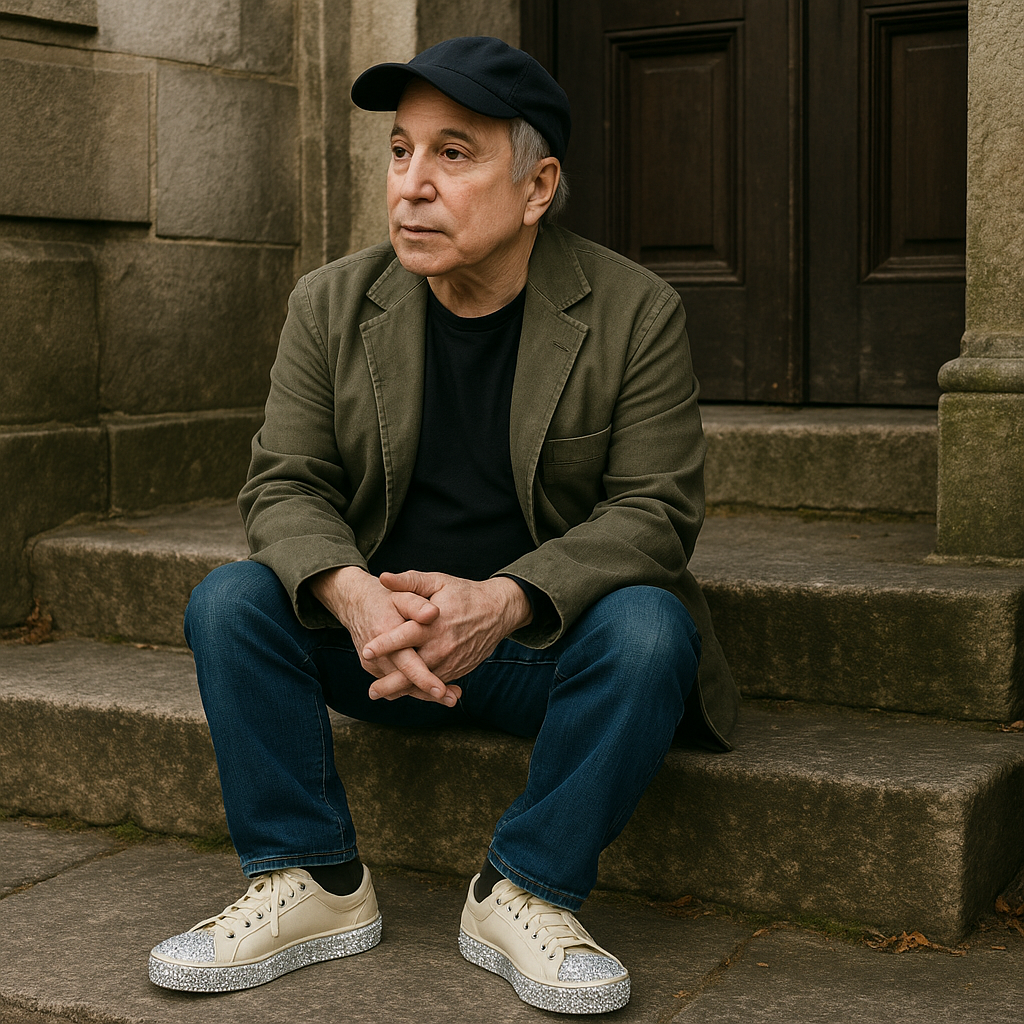 Prompt: A photorealistic image of Paul Simon with diamonds on the soles of his shoes