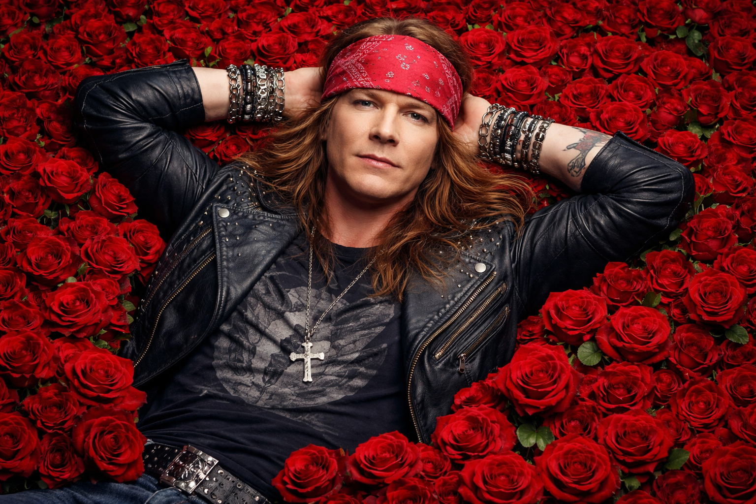 Prompt: Axl Rose on a bed of roses