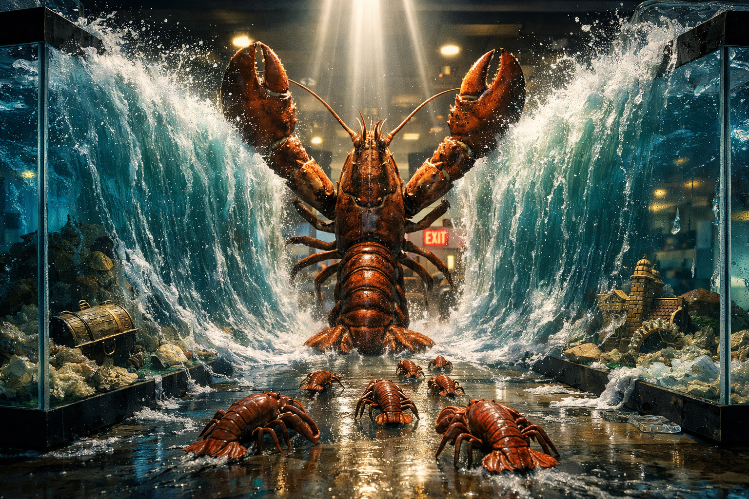 Prompt: A lobster parting the waters like Moses and freeing his fellow lobsters from a restaurant tank