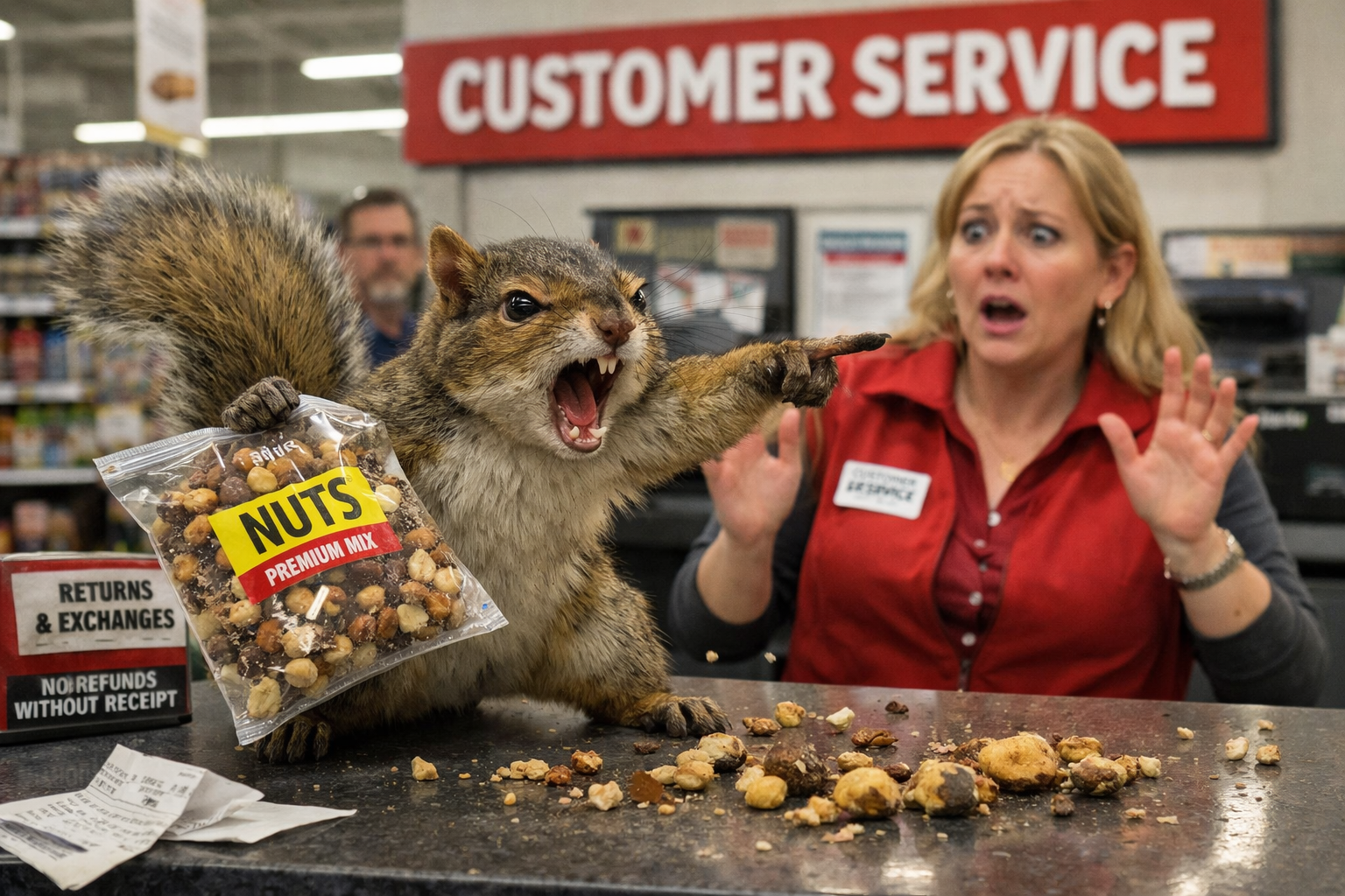 Prompt: An enraged squirrel trying to return a bag of bad nuts at a supermarket