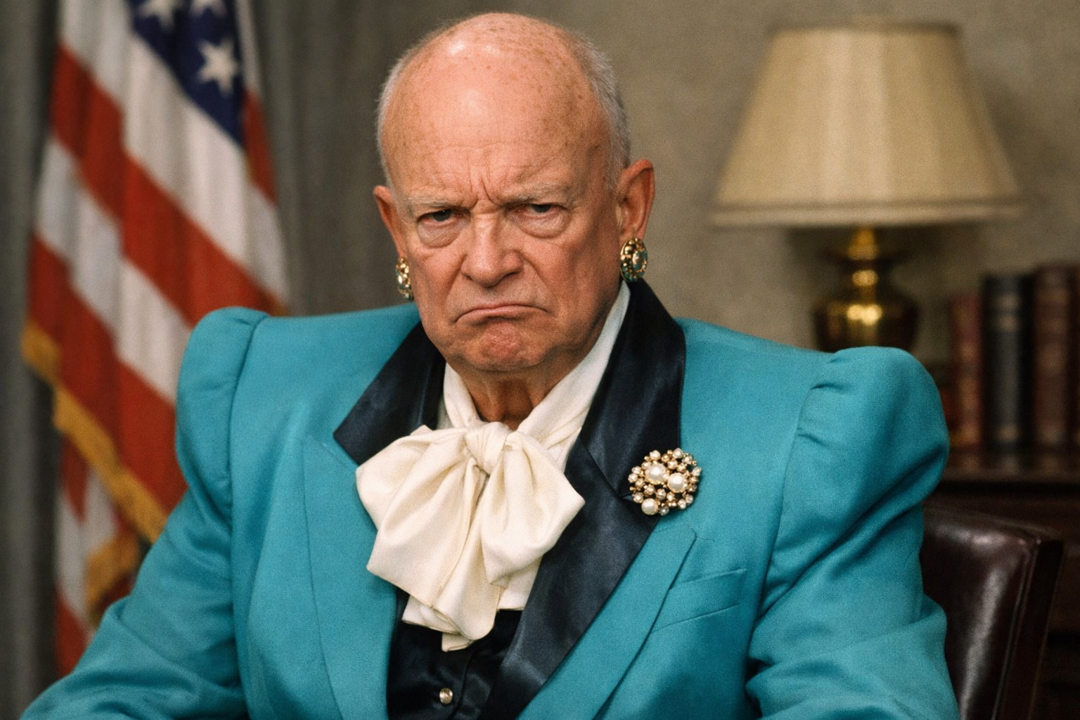 Prompt: Dwight Eisenhower in an '80s women's powersuit with shoulder pads, but he's not happy about it