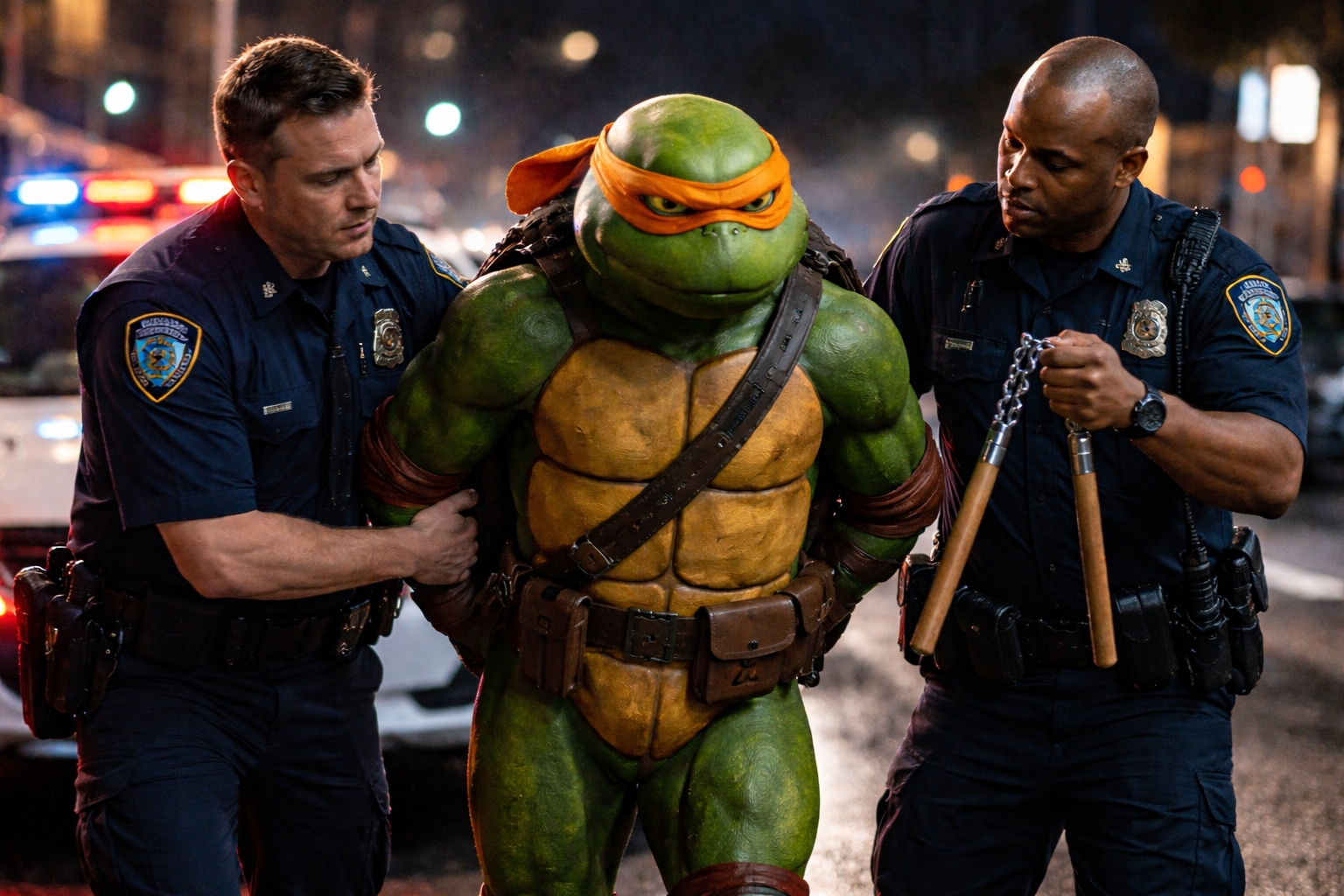 Prompt: A ninja turtle being arrested for possession of nunchucks