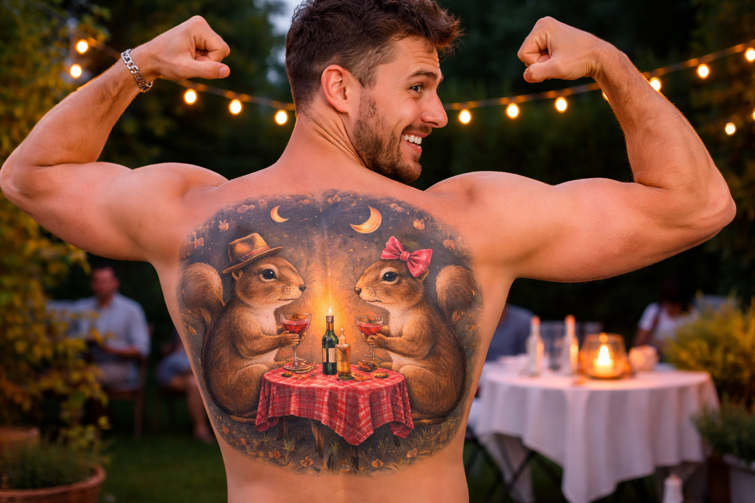 Prompt: A man proudly showing off his "two squirrels on date night" back tattoo