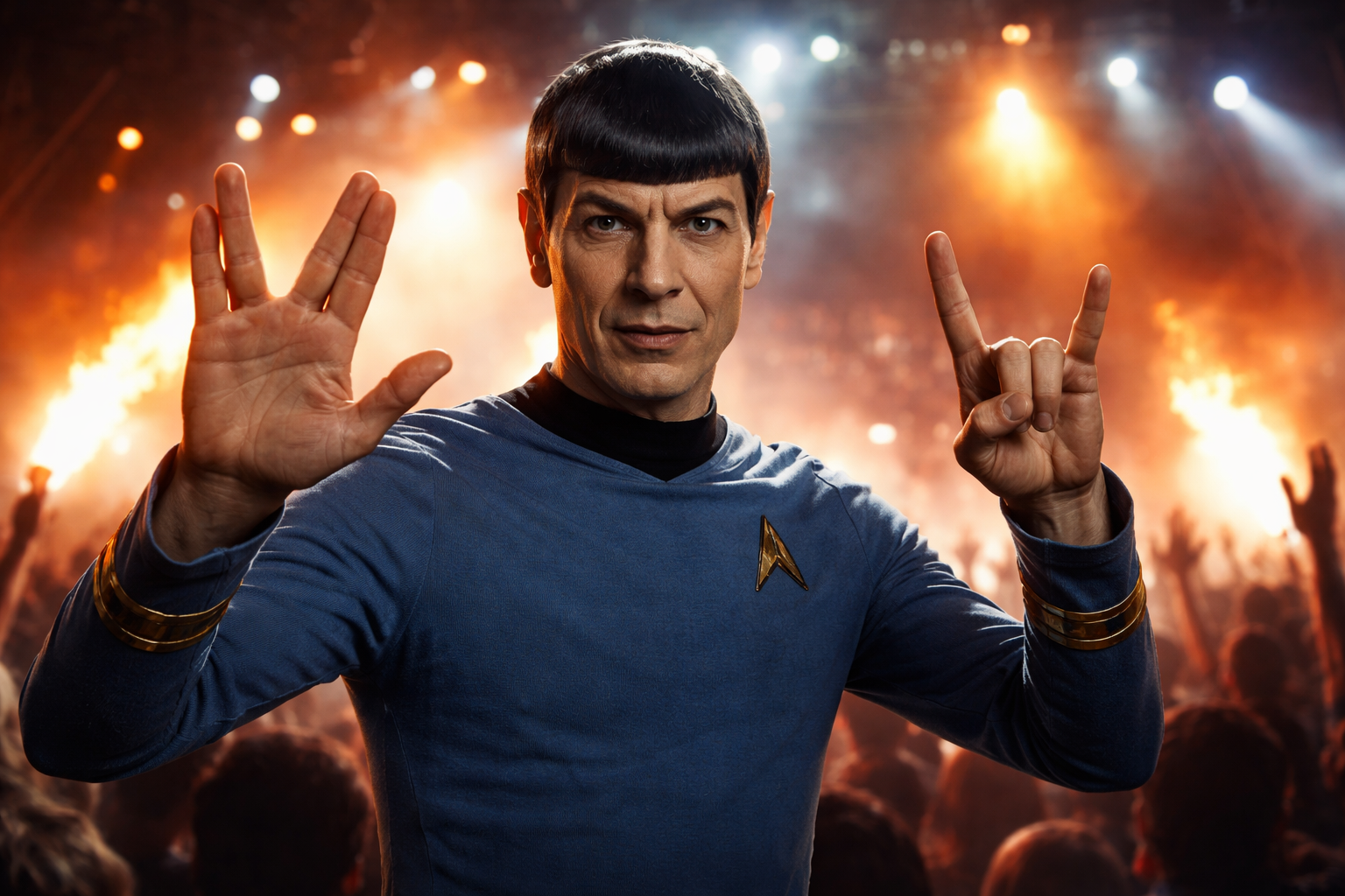 Prompt: Spock at a heavy metal concert doing the "live long and prosper" gesture with one hand, and the devil horns gesture with the other hand