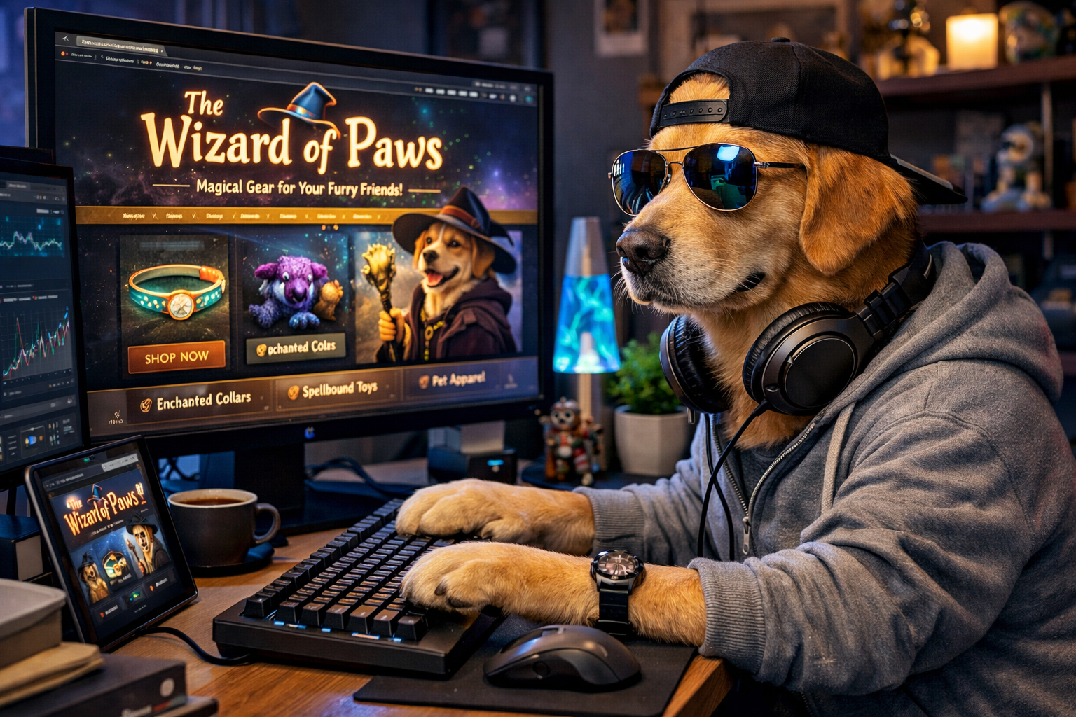 Prompt: A techbro dog operating a website called "The Wizard of Paws"