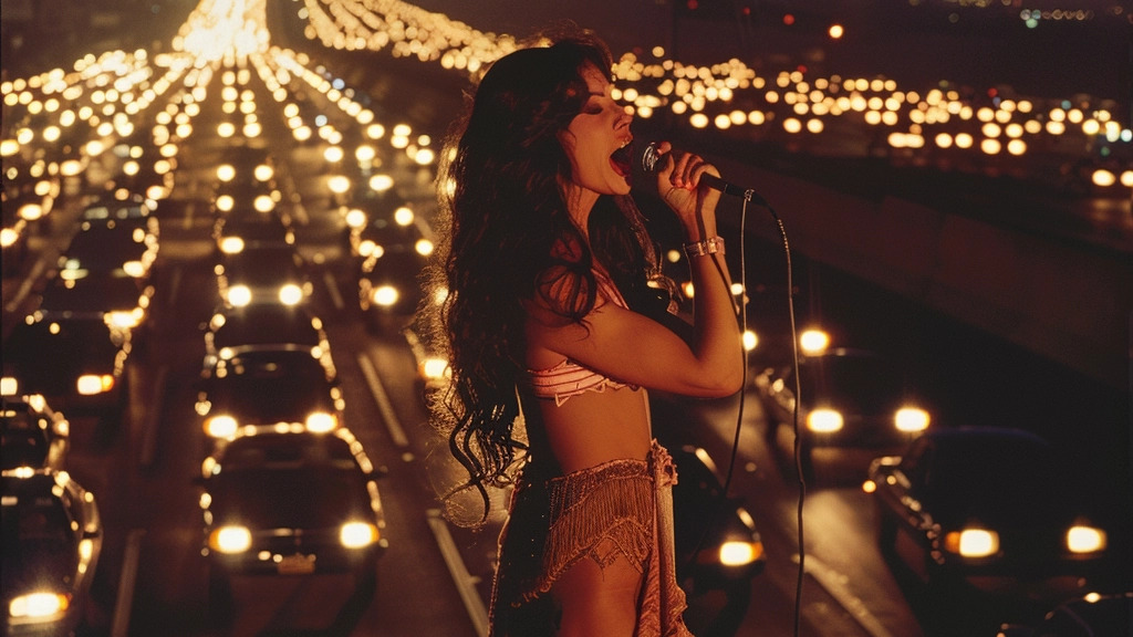 "Cher" performing in front of a packed freeway at night