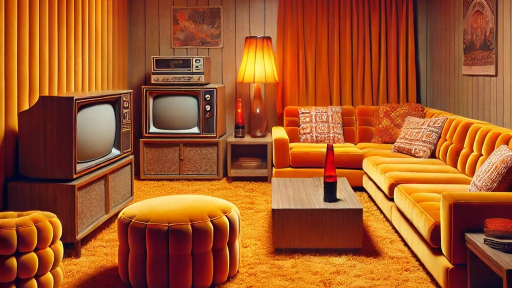 A '70s basement room covered in orange velour