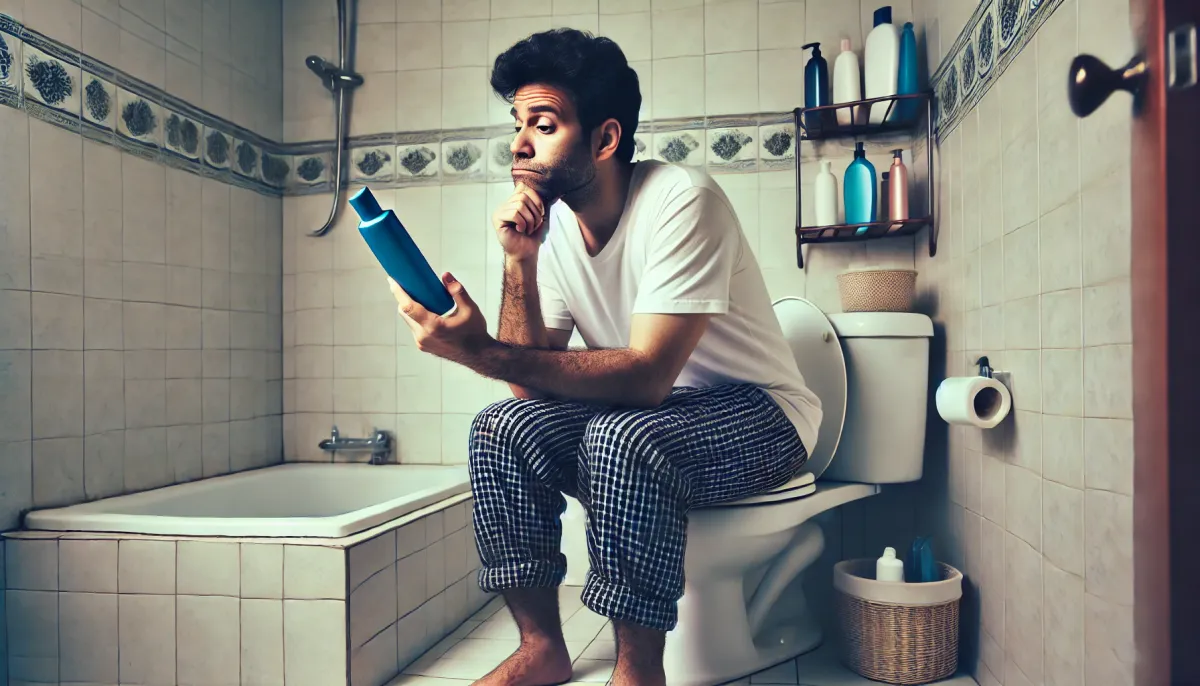 A man on a toilet reading a shampoo bottle