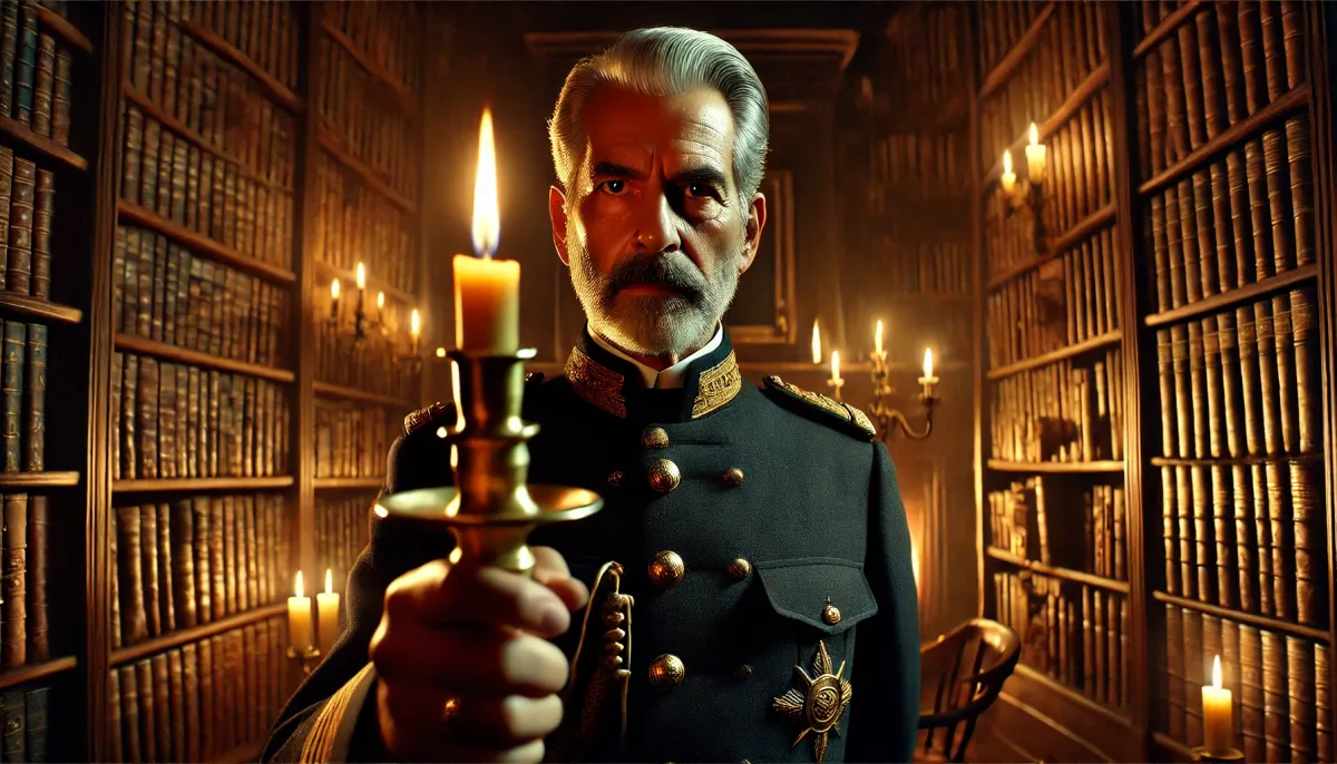 "Colonel Mustard" holding a candlestick in a library