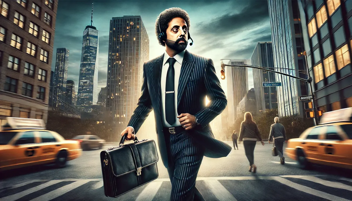 Billy Joel in a suit, carrying a briefcase and wearing a headset