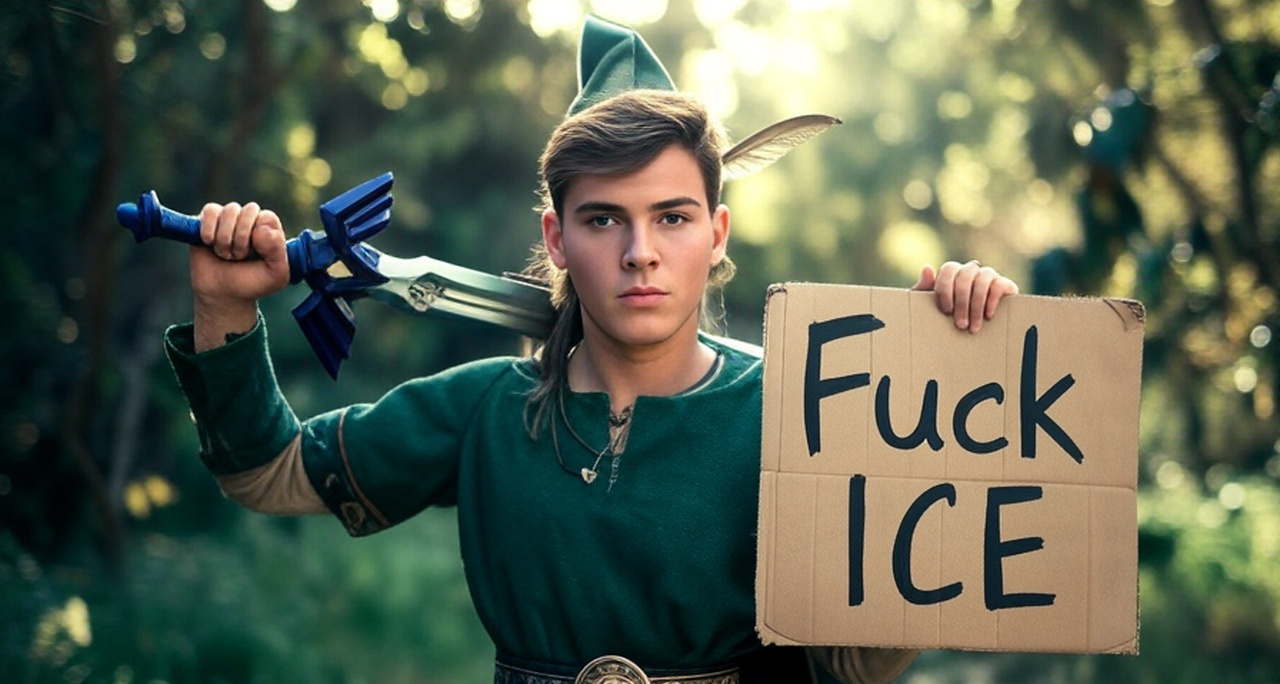 Link holding a sign that says "Fuck ICE"