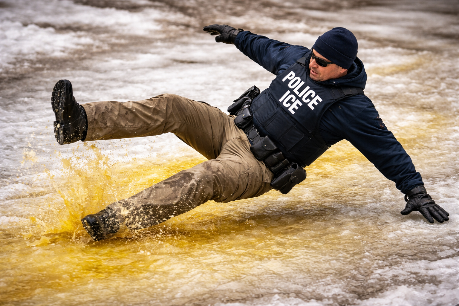 An ICE clown slipping on frozen pee