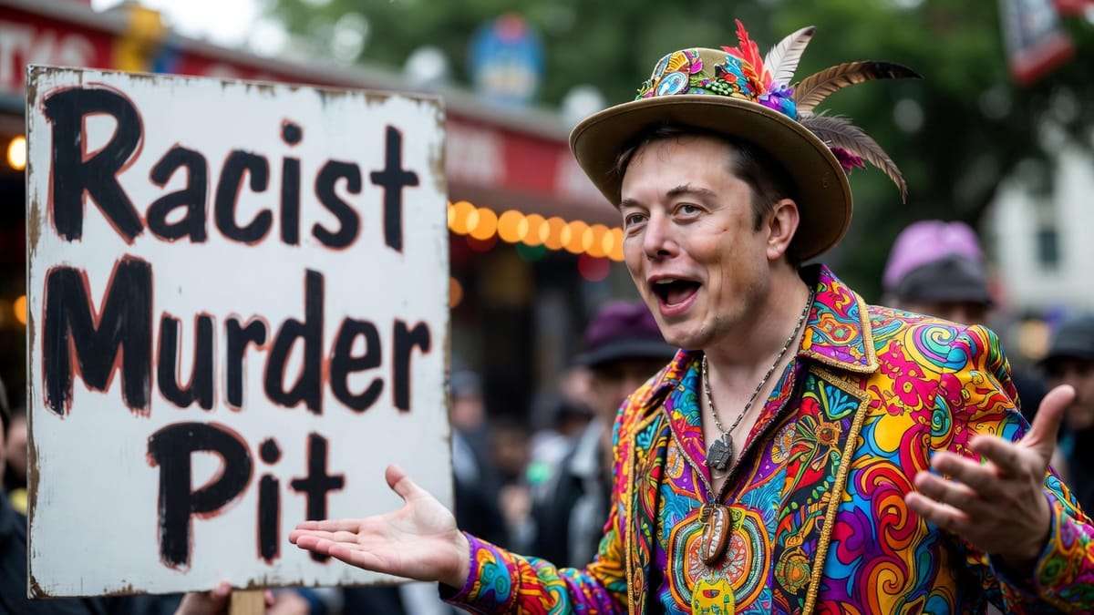 Elon in front of a "Racist Murder Pit" sign