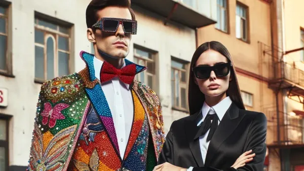 A man in a flamboyant cape and a woman in a secret agent-style outf