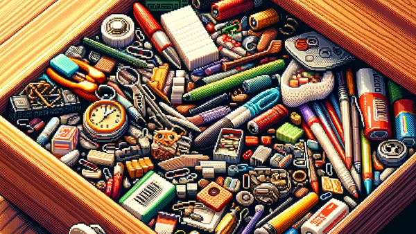 A junk drawer, in a pixel art style