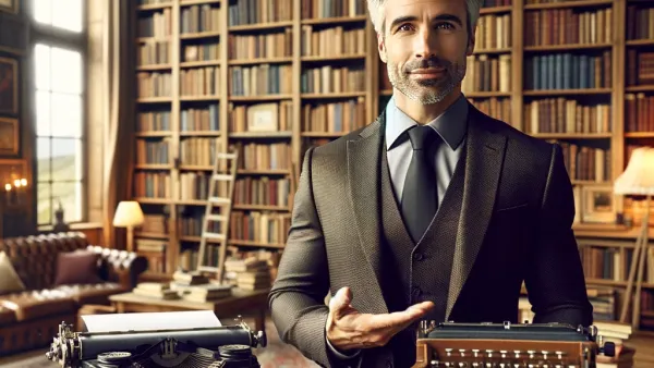 A man showing off a room full of books while holding a typewriter