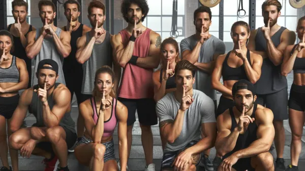 A bunch of people at a gym holding up their fingers in a gesture to be quiet