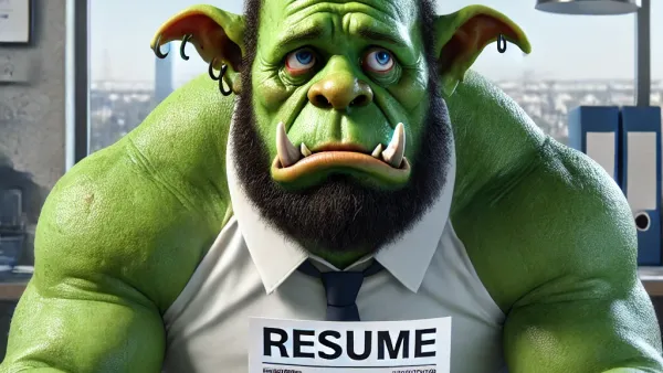 "Shrek" holding a resume