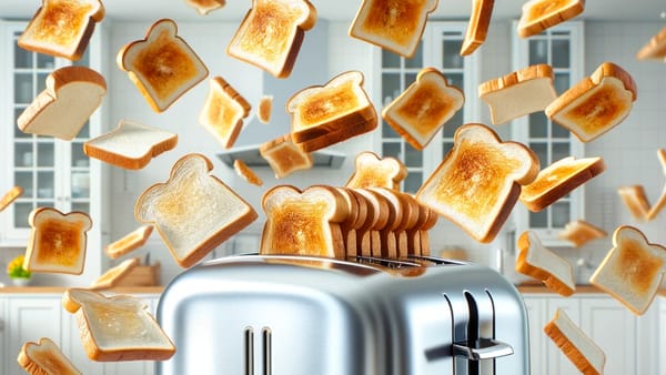 A toaster surrounded by flying pieces of toast