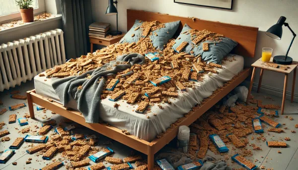 A bed covered in messy unwrapped granola bars