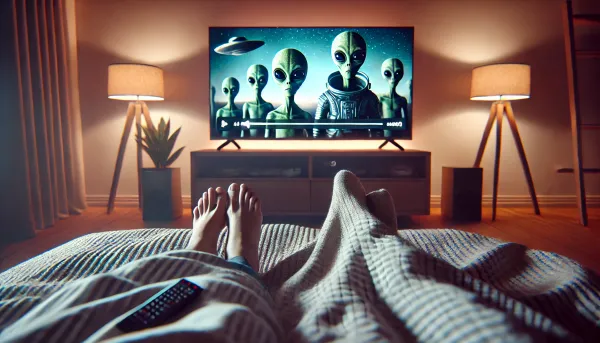 Two people in a bed watching an alien show