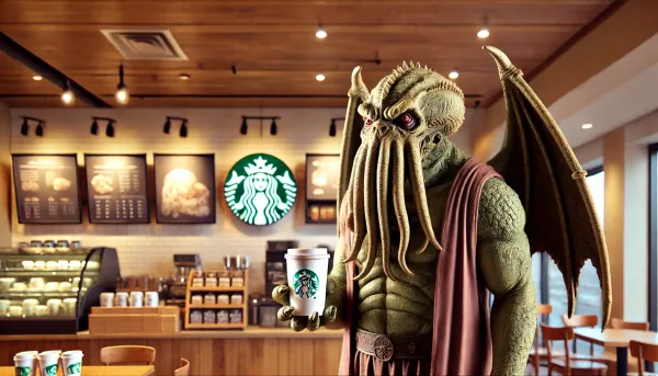 An annoyed Cthulhu at Starbucks