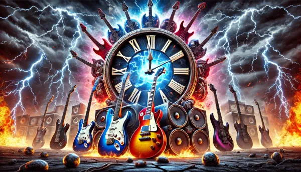 A clock surrounded by guitars, speakers and lightning