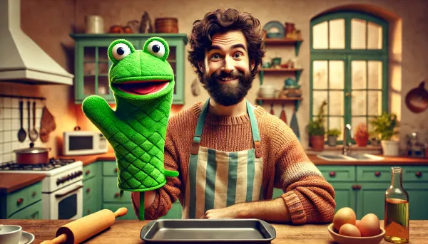 "Jim Henson" using Kermit as an oven mitt